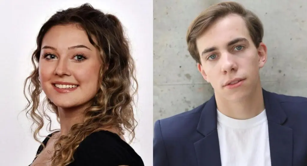 A young woman with curly hair smiles, wearing a black top. Beside her, a young man with short hair and blue eyes, wearing a white shirt and dark blazer, stands against a light gray background.