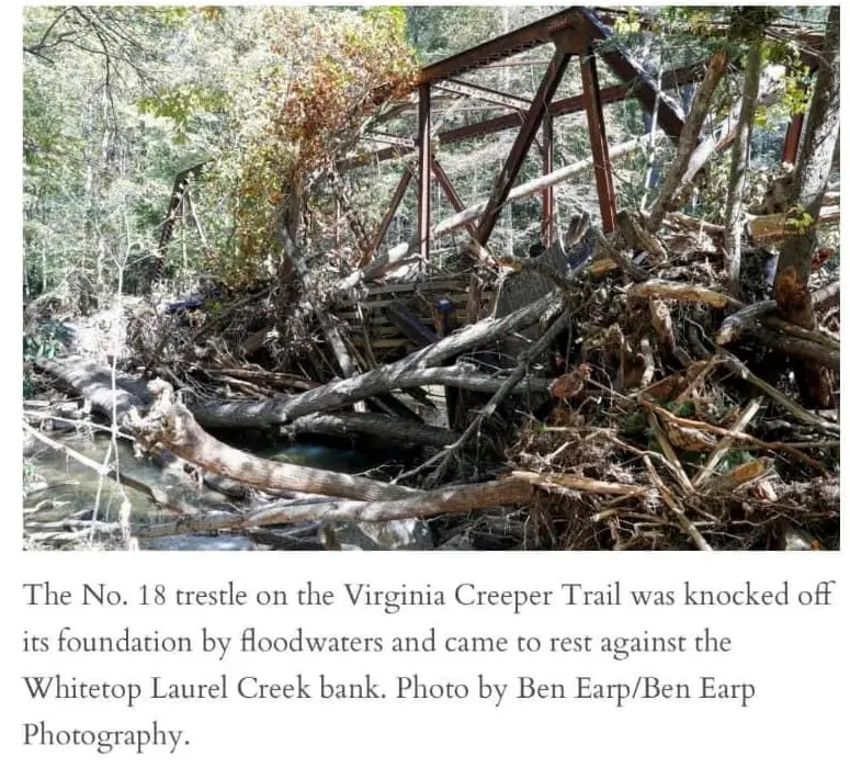 The Virginia Creeper Trail Trestle 18 after Hurricane Helene damages.