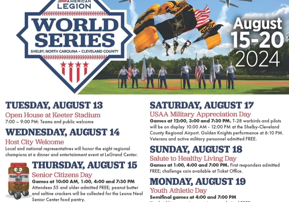 Flyer for the 2024 American Legion World Series in Shelby, NC, from August 15 to 20, including a list of daily events from August 13 to 20.