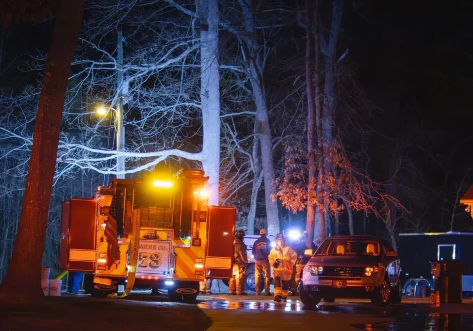 A fire truck and other vehicles are parked in the woods.