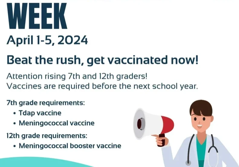 Flyer for Teen Immunization Week from April 1-5, 2024. Vaccines required for 7th and 12th graders. Includes contact info for Gaston County Public Health and vaccine requirements.