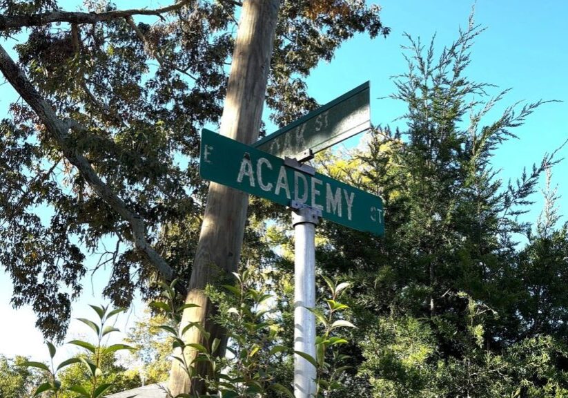 Street signs at the intersection of Academy and East Fifth, with trees and a utility pole in the background.